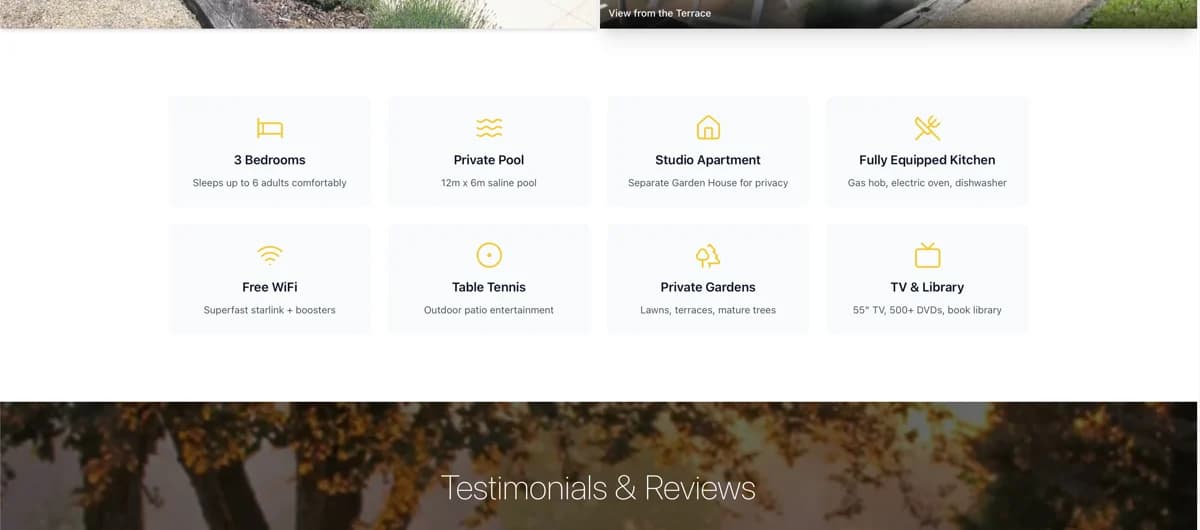 Features and amenities laid out as cards
