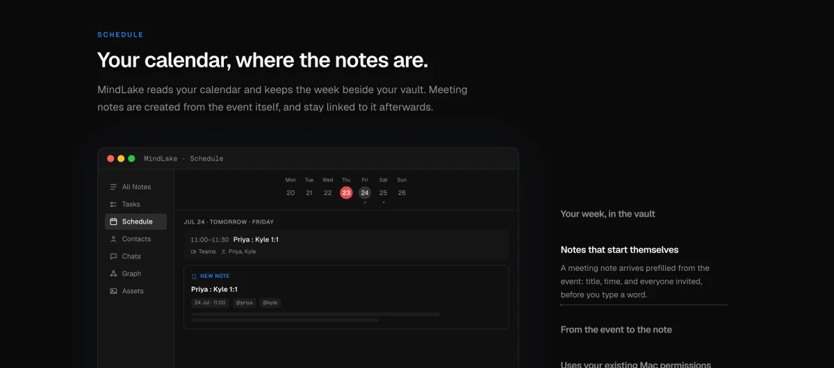 The calendar, with notes prefilled from each meeting